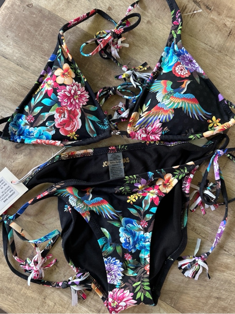 Johnny Was Black Bikini with Multicolor Floral Ties